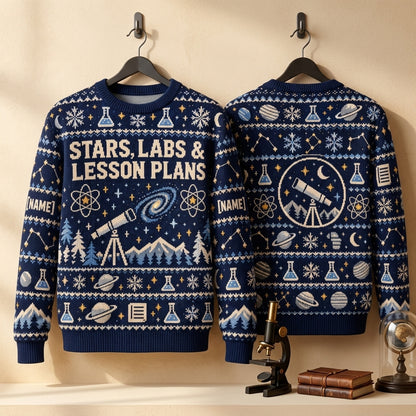Custom Astronomy Teacher Winter Science Ugly Sweater - Stars, Labs & Lesson Plans - mockup 3