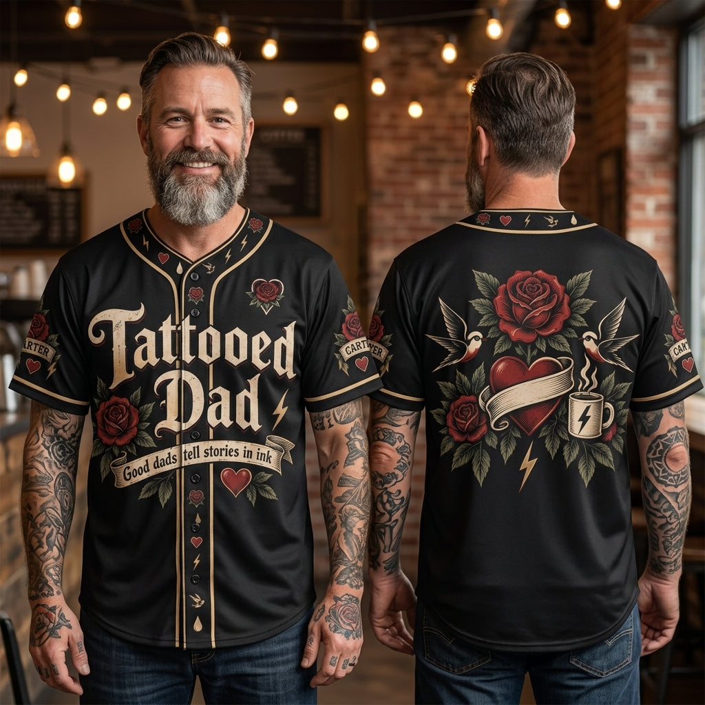 Personalized Tattooed Dad Baseball Jersey - Old School Ink Father's Day Gift - mockup 1