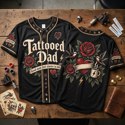 Personalized Tattooed Dad Baseball Jersey - Old School Ink Father's Day Gift - mockup 2