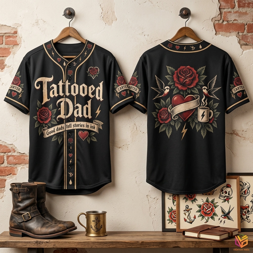 Personalized Tattooed Dad Baseball Jersey - Old School Ink Father's Day Gift - mockup 3