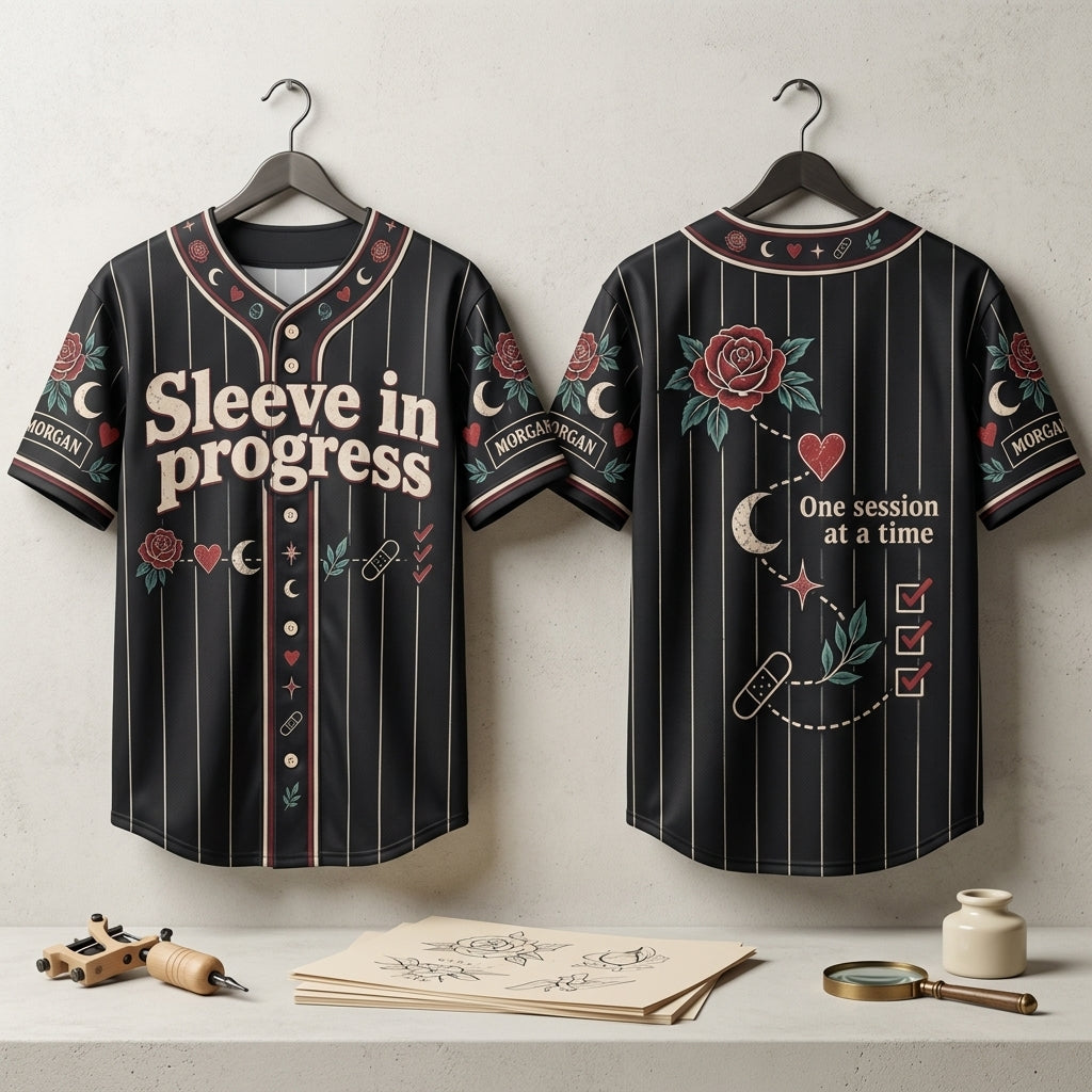 Custom Tattoo Sleeve in Progress Baseball Jersey - Personalized Ink Enthusiast Gift - mockup 3