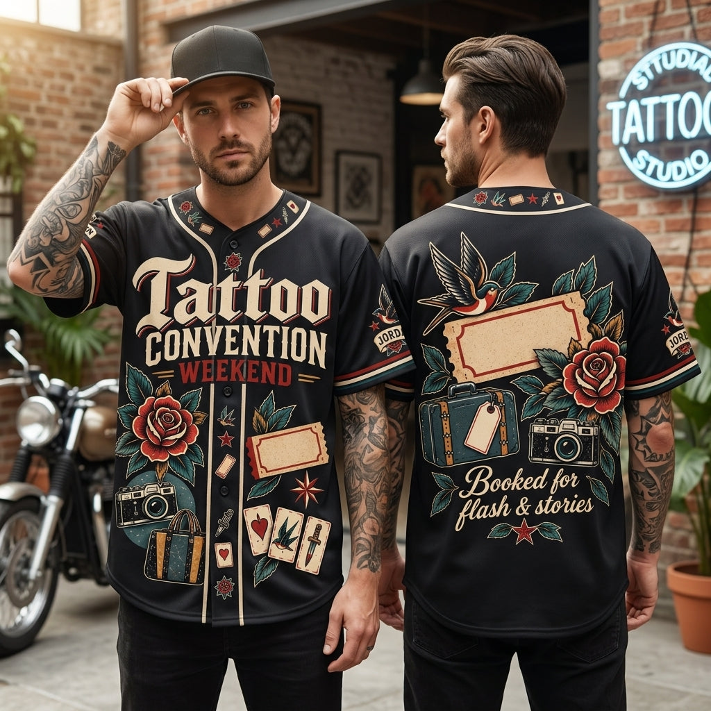 Custom Tattoo Convention Weekend Baseball Jersey - Traditional Flash Art Style - mockup 1