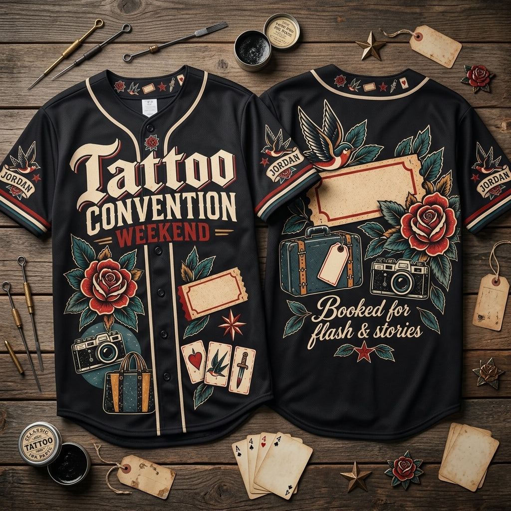 Custom Tattoo Convention Weekend Baseball Jersey - Traditional Flash Art Style - mockup 2