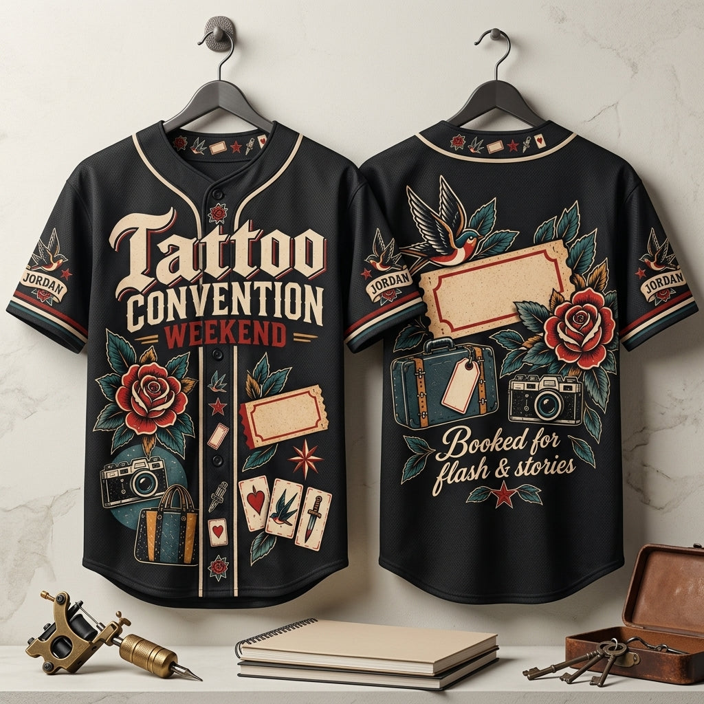 Custom Tattoo Convention Weekend Baseball Jersey - Traditional Flash Art Style - mockup 3