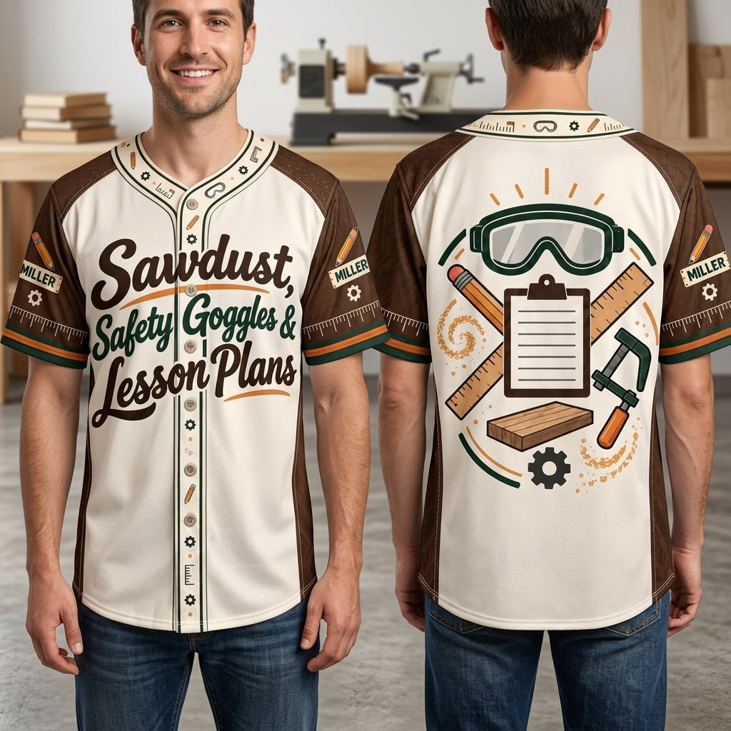 Custom Shop Teacher Sawdust & Lesson Plans Baseball Jersey - Woodworking Gift - mockup 1