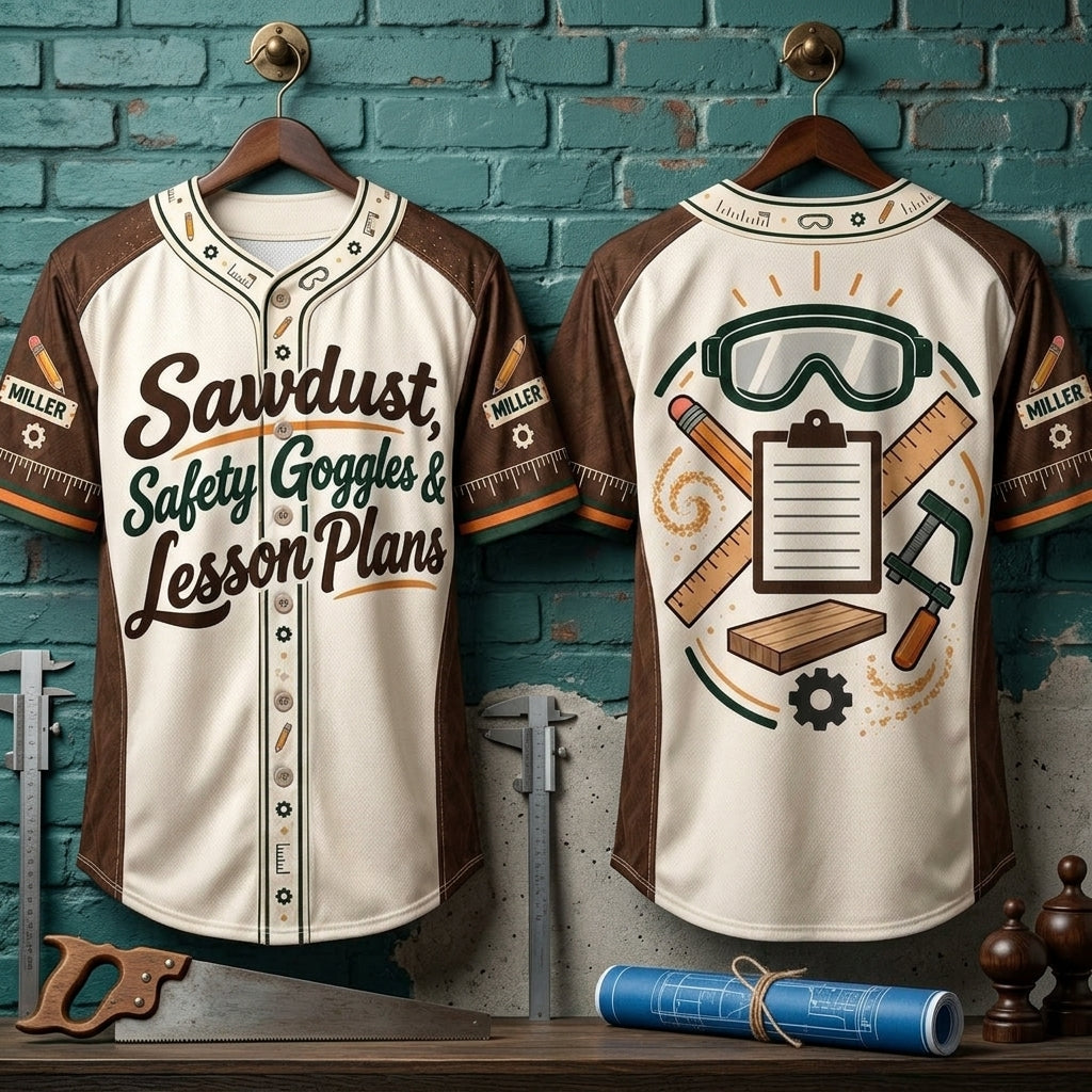 Custom Shop Teacher Sawdust & Lesson Plans Baseball Jersey - Woodworking Gift - mockup 3