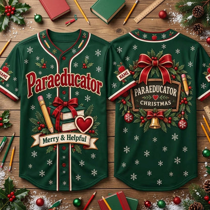Custom Paraeducator Christmas Baseball Jersey – Merry & Helpful Holiday Gift - mockup 2