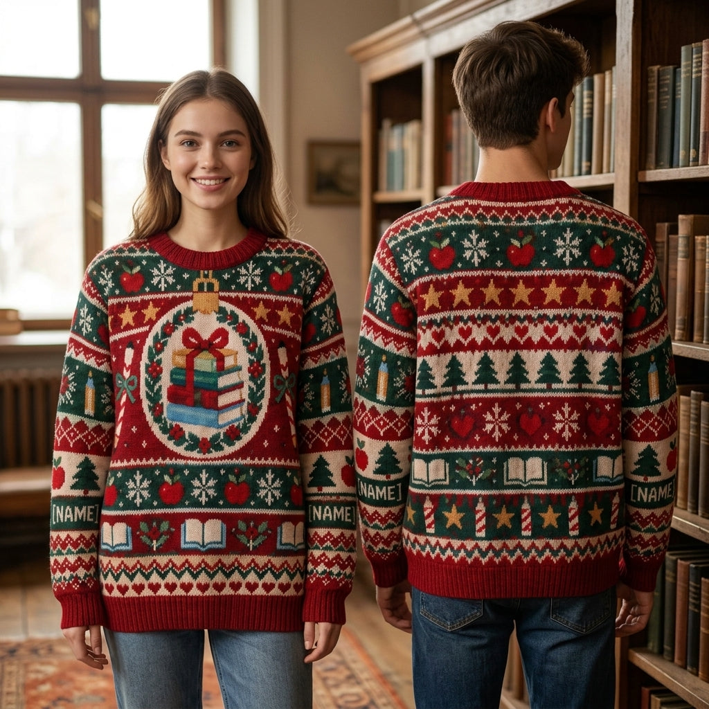 Custom Paraeducator Christmas Ugly Sweater - Holiday Classroom Book Design - mockup 1