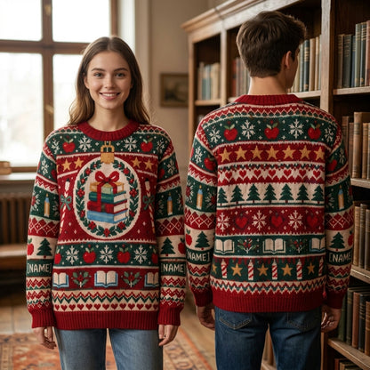 Custom Paraeducator Christmas Ugly Sweater - Holiday Classroom Book Design - mockup 1