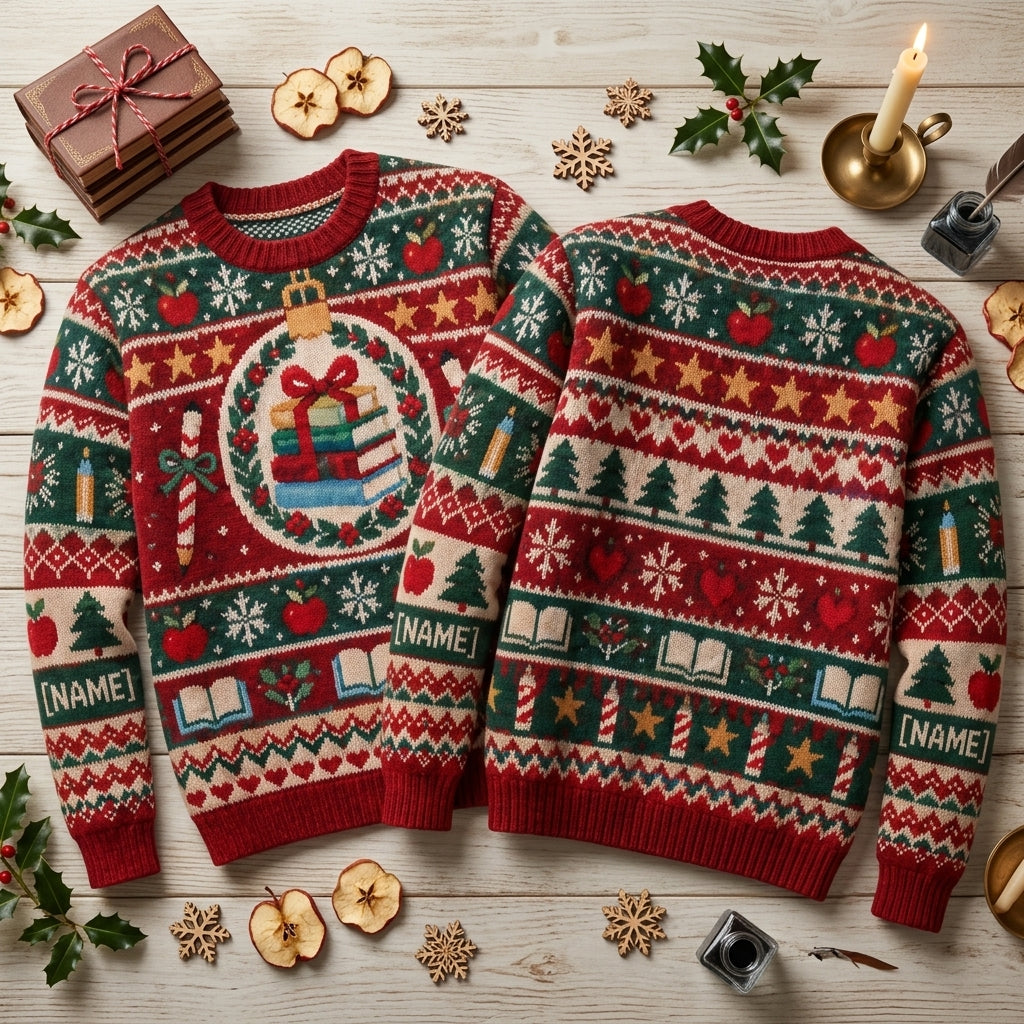 Custom Paraeducator Christmas Ugly Sweater - Holiday Classroom Book Design - mockup 2