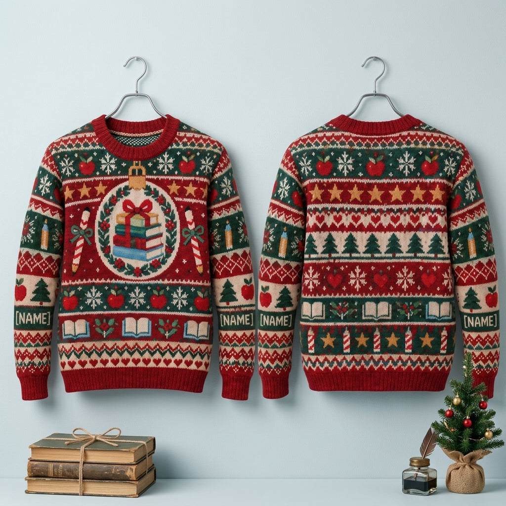 Custom Paraeducator Christmas Ugly Sweater - Holiday Classroom Book Design - mockup 3