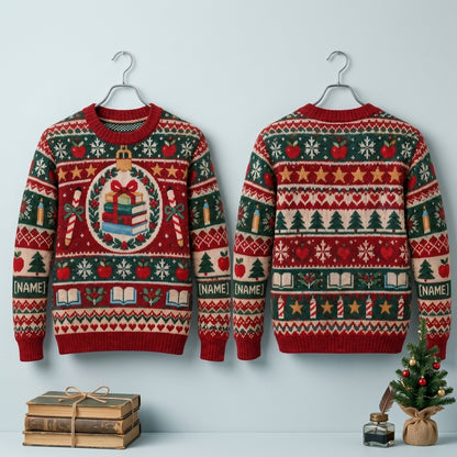 Custom Paraeducator Christmas Ugly Sweater - Holiday Classroom Book Design - mockup 3