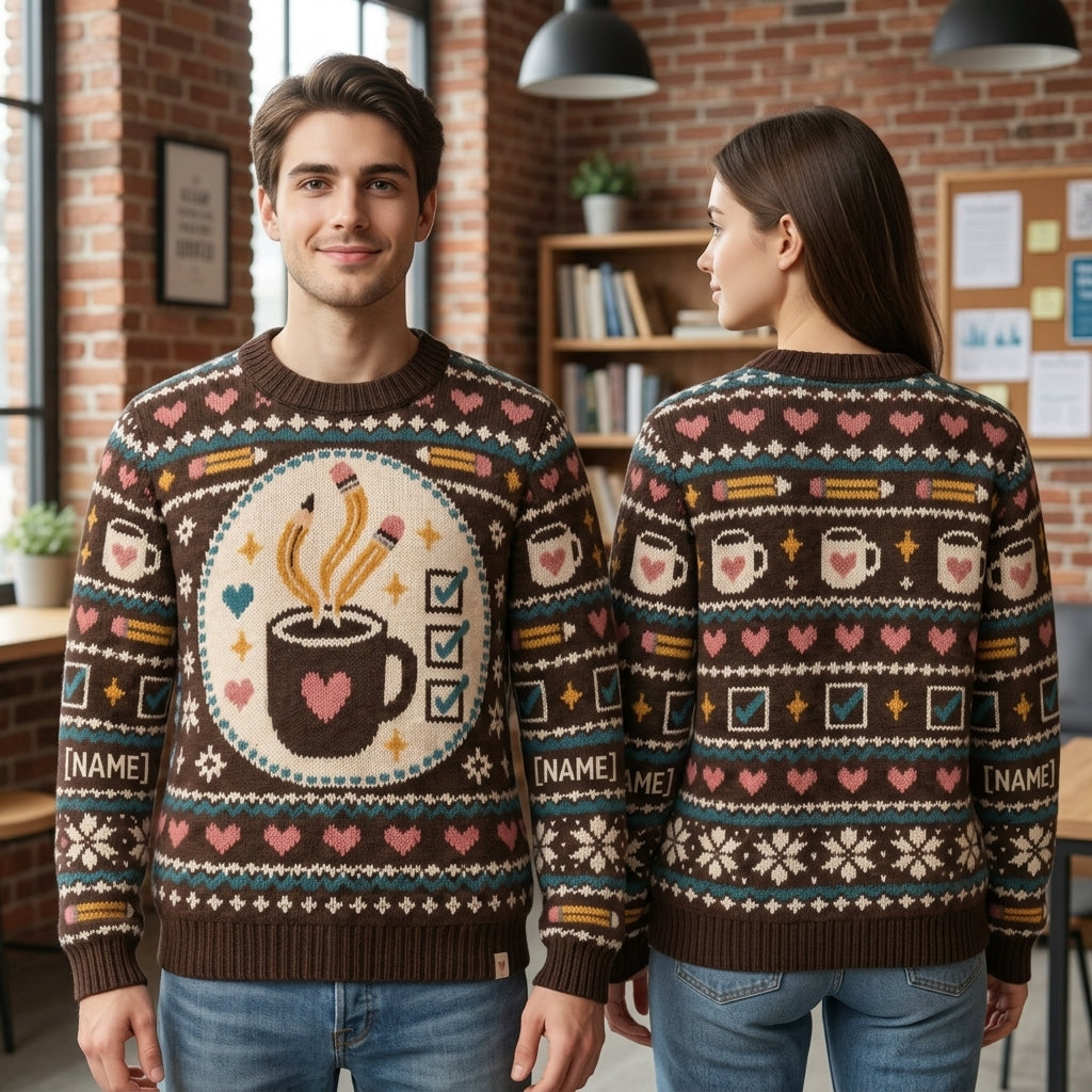 Personalized Teacher Aide Coffee Fuel Ugly Sweater - Pencil & Mug Design - mockup 1