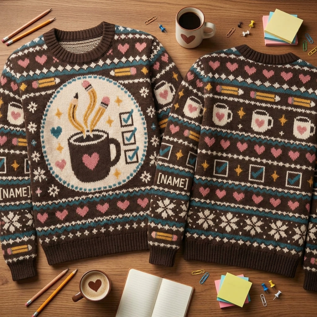 Personalized Teacher Aide Coffee Fuel Ugly Sweater - Pencil & Mug Design - mockup 2
