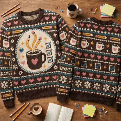 Personalized Teacher Aide Coffee Fuel Ugly Sweater - Pencil & Mug Design - mockup 2