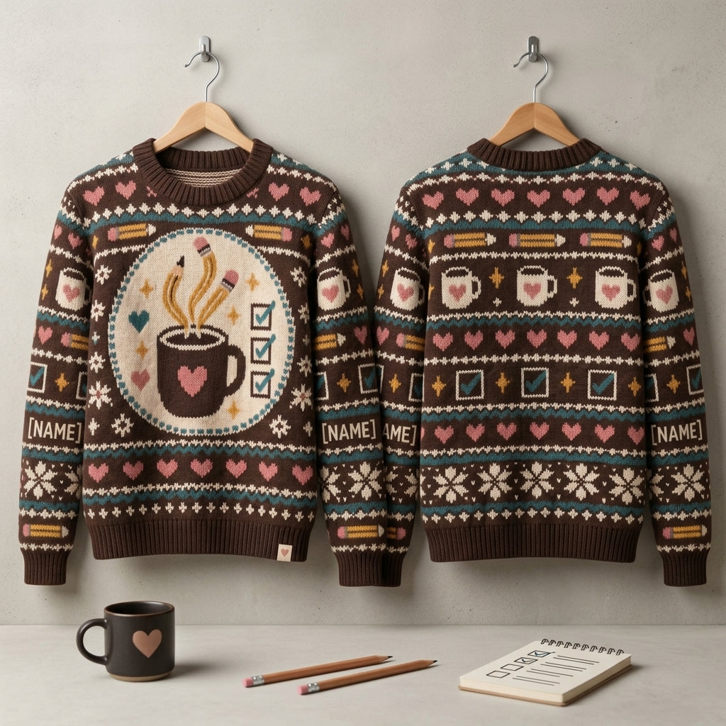 Personalized Teacher Aide Coffee Fuel Ugly Sweater - Pencil & Mug Design - mockup 3