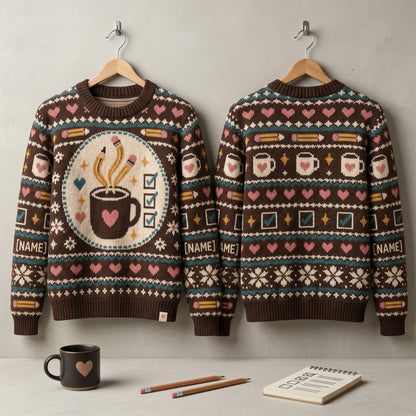 Personalized Teacher Aide Coffee Fuel Ugly Sweater - Pencil & Mug Design - mockup 3