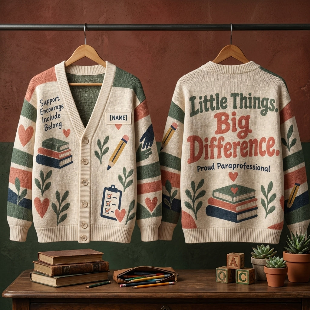 Personalized Paraprofessional Appreciation Day Knitted Cardigan - Teacher Assistant Gift - mockup 3