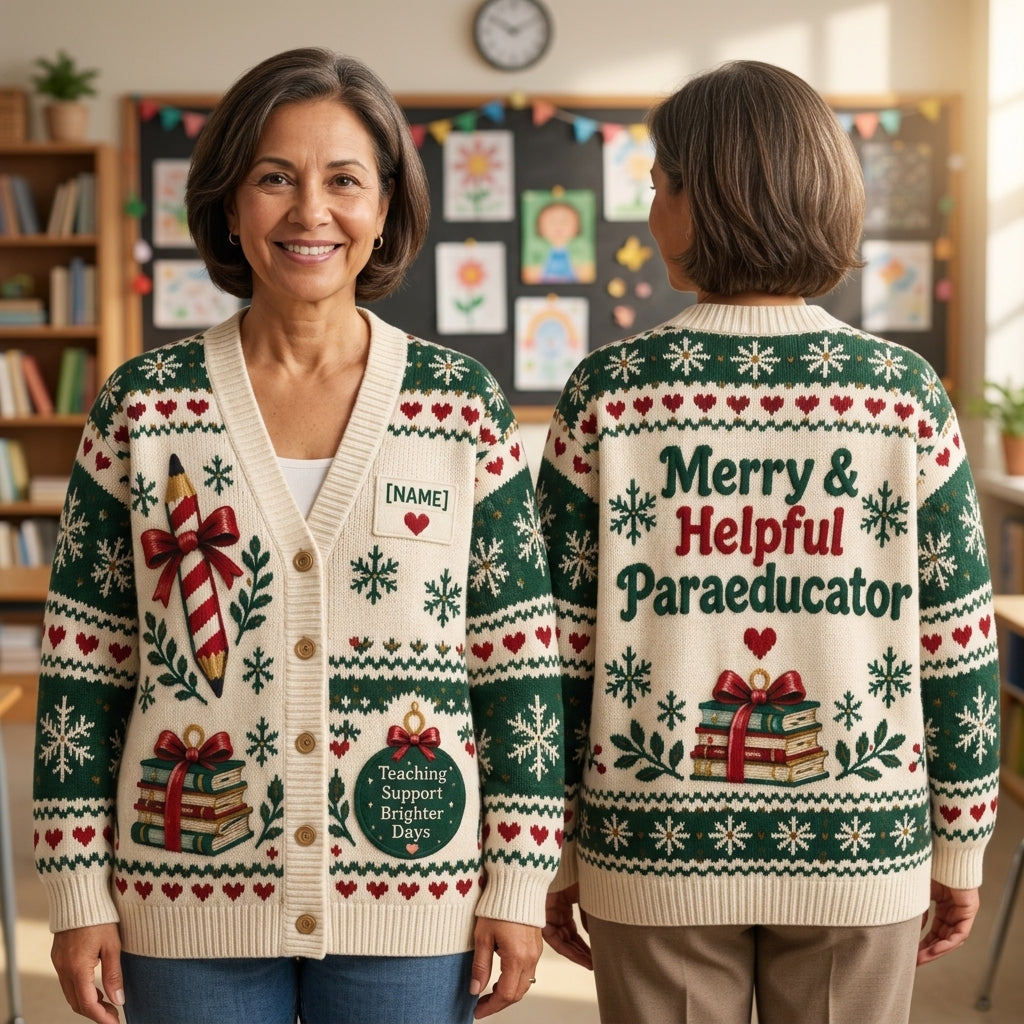 Personalized Merry & Helpful Paraeducator Christmas Knitted Cardigan - Teacher Assistant Gift - mockup 1