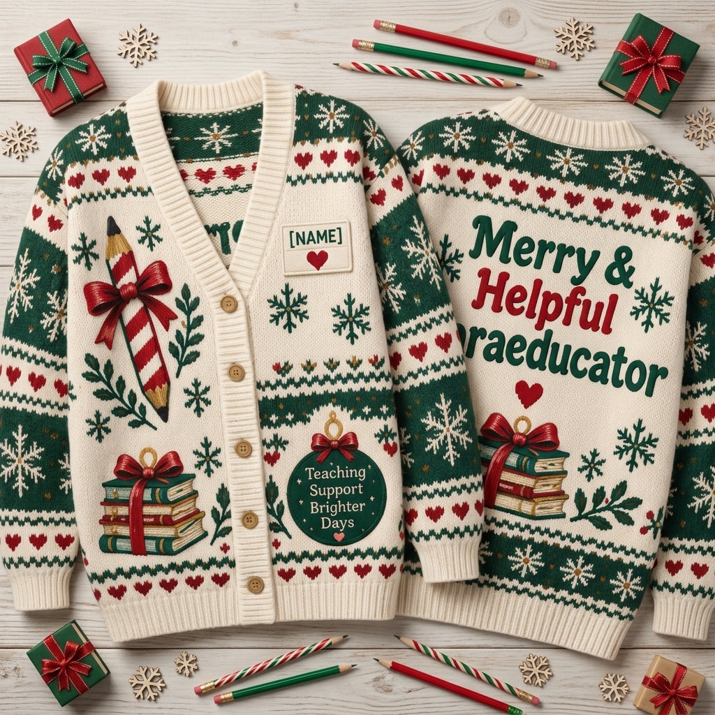 Personalized Merry & Helpful Paraeducator Christmas Knitted Cardigan - Teacher Assistant Gift - mockup 2