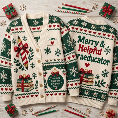 Personalized Merry & Helpful Paraeducator Christmas Knitted Cardigan - Teacher Assistant Gift - mockup 2