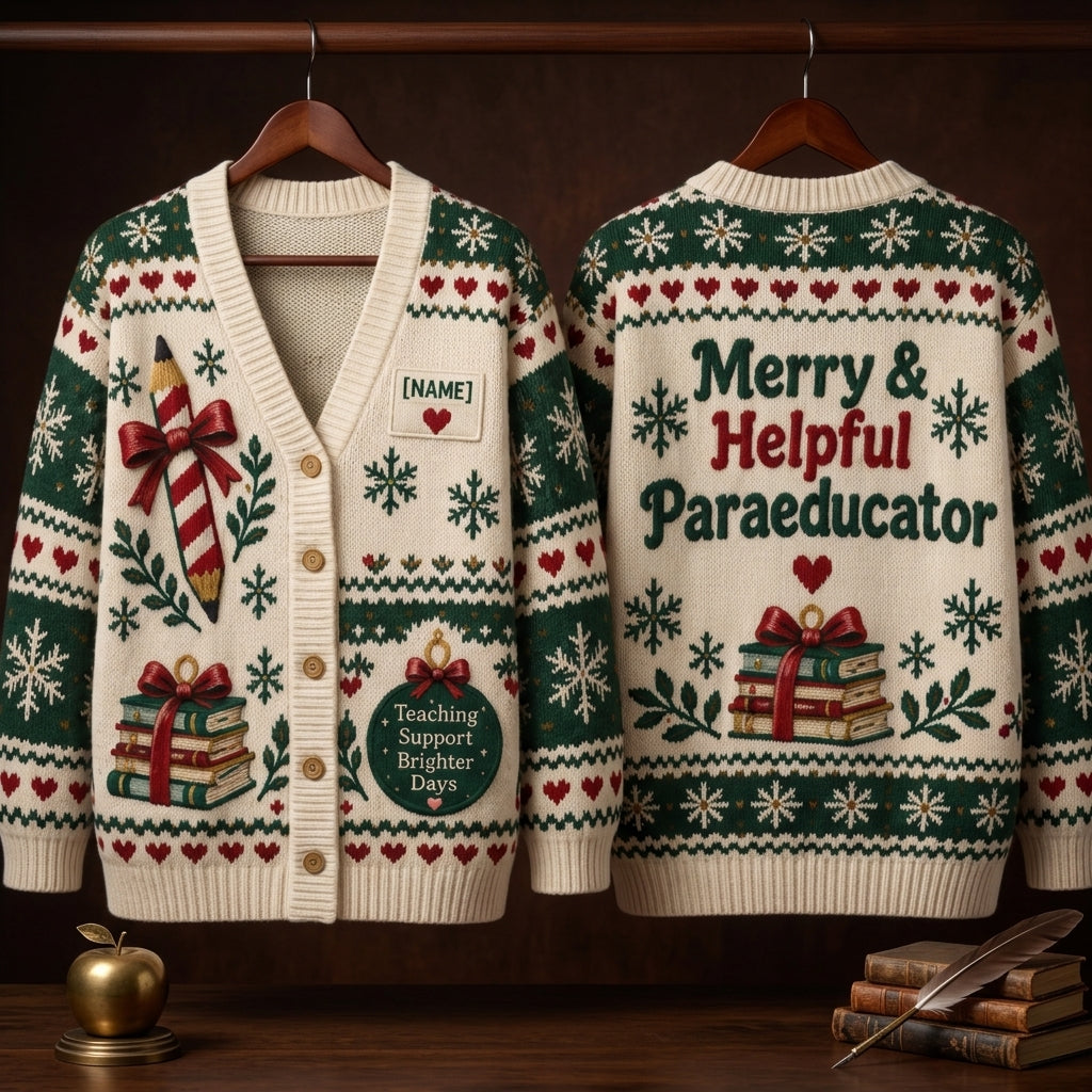 Personalized Merry & Helpful Paraeducator Christmas Knitted Cardigan - Teacher Assistant Gift - mockup 3