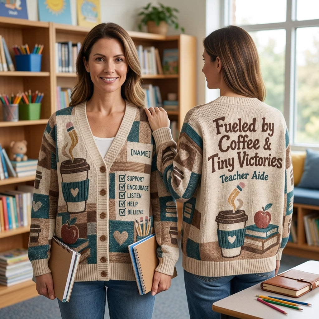 Custom Teacher Aide Coffee Fuel Knitted Cardigan - Fueled by Tiny Victories - mockup 1