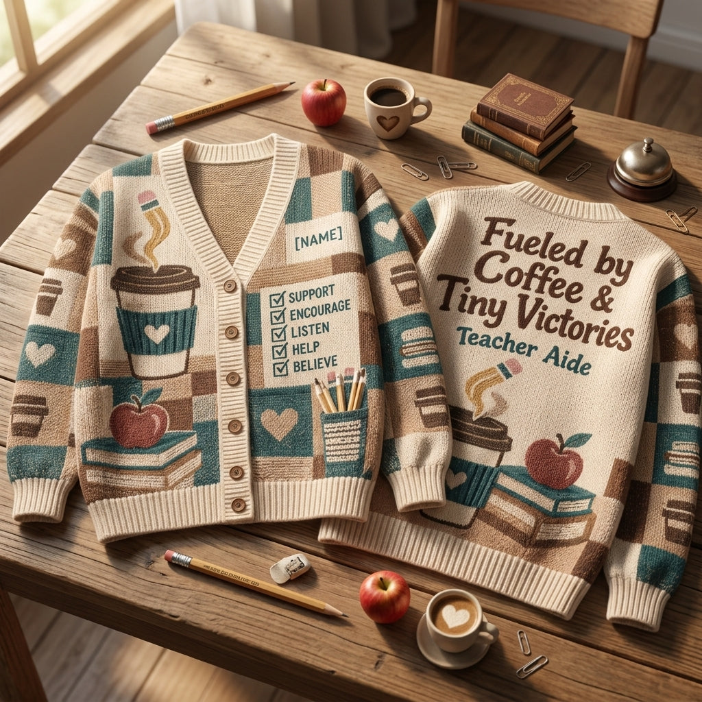 Custom Teacher Aide Coffee Fuel Knitted Cardigan - Fueled by Tiny Victories - mockup 2