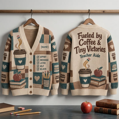Custom Teacher Aide Coffee Fuel Knitted Cardigan - Fueled by Tiny Victories - mockup 3