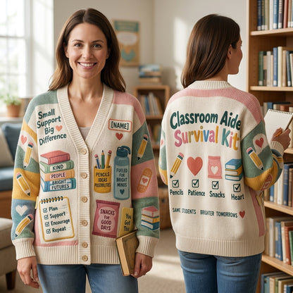 Custom Classroom Aide Survival Kit Knitted Cardigan – Teacher Assistant Gift - mockup 1