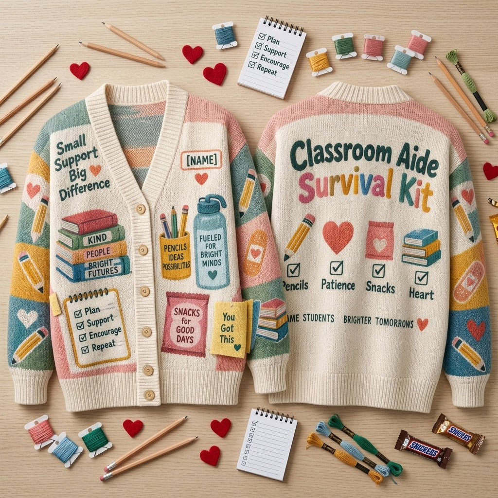 Custom Classroom Aide Survival Kit Knitted Cardigan – Teacher Assistant Gift - mockup 2
