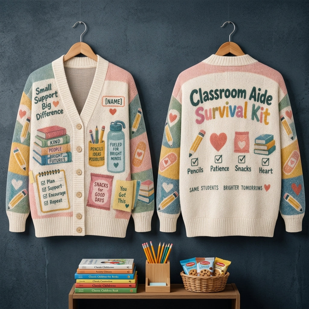 Custom Classroom Aide Survival Kit Knitted Cardigan – Teacher Assistant Gift - mockup 3