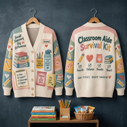 Custom Classroom Aide Survival Kit Knitted Cardigan – Teacher Assistant Gift - mockup 3