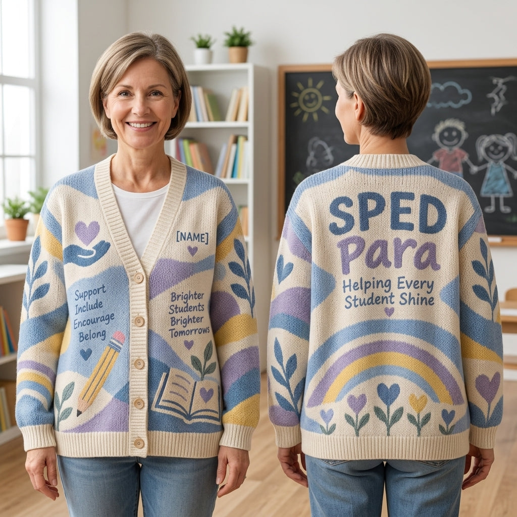 Personalized SPED Paraprofessional Calm Support Knitted Cardigan – Teacher Appreciation Gift - mockup 1