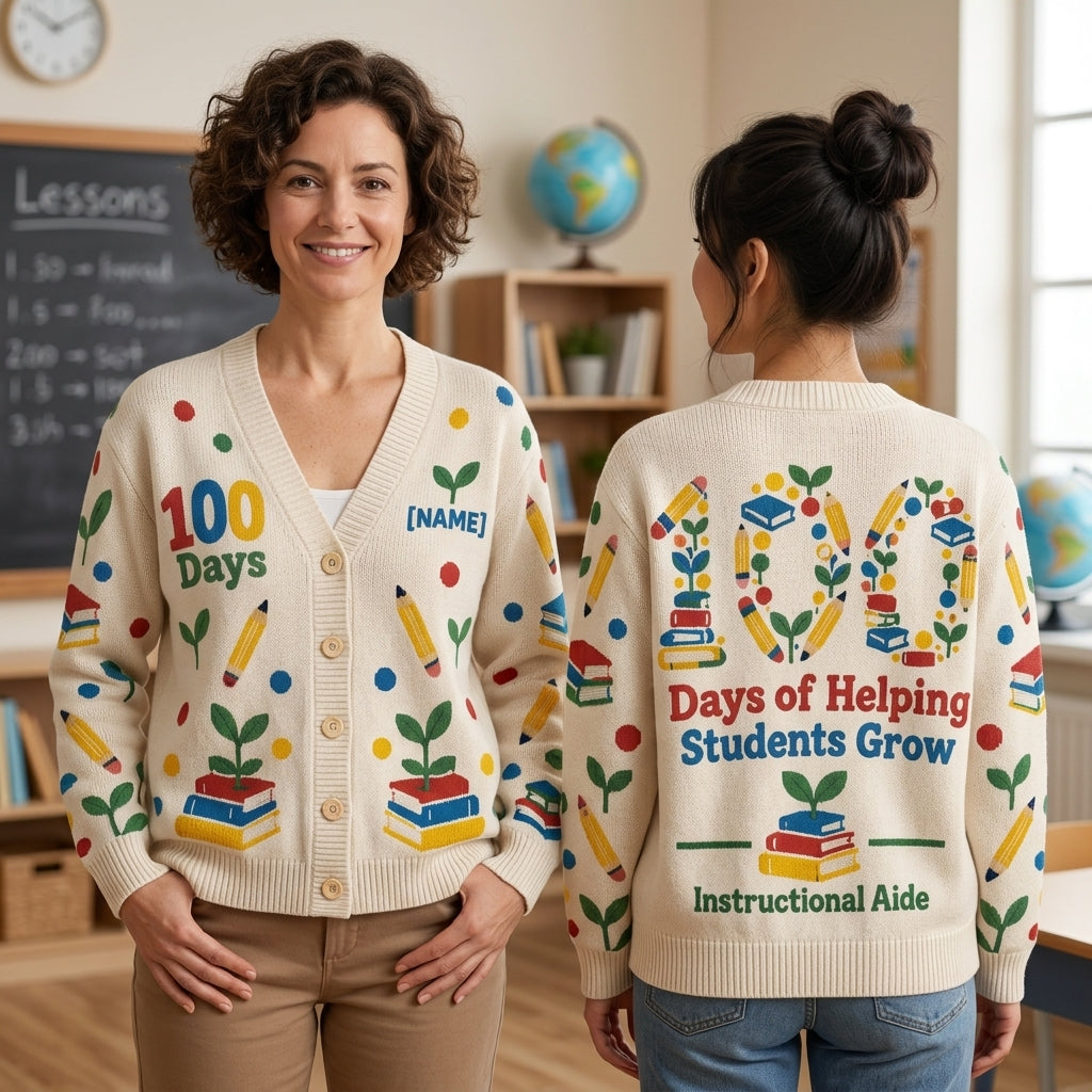 Personalized Instructional Aide 100 Days of School Knitted Cardigan - Paraprofessional Gift - mockup 1