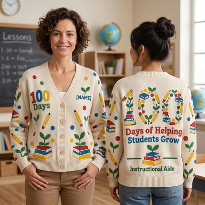 Personalized Instructional Aide 100 Days of School Knitted Cardigan - Paraprofessional Gift - mockup 1