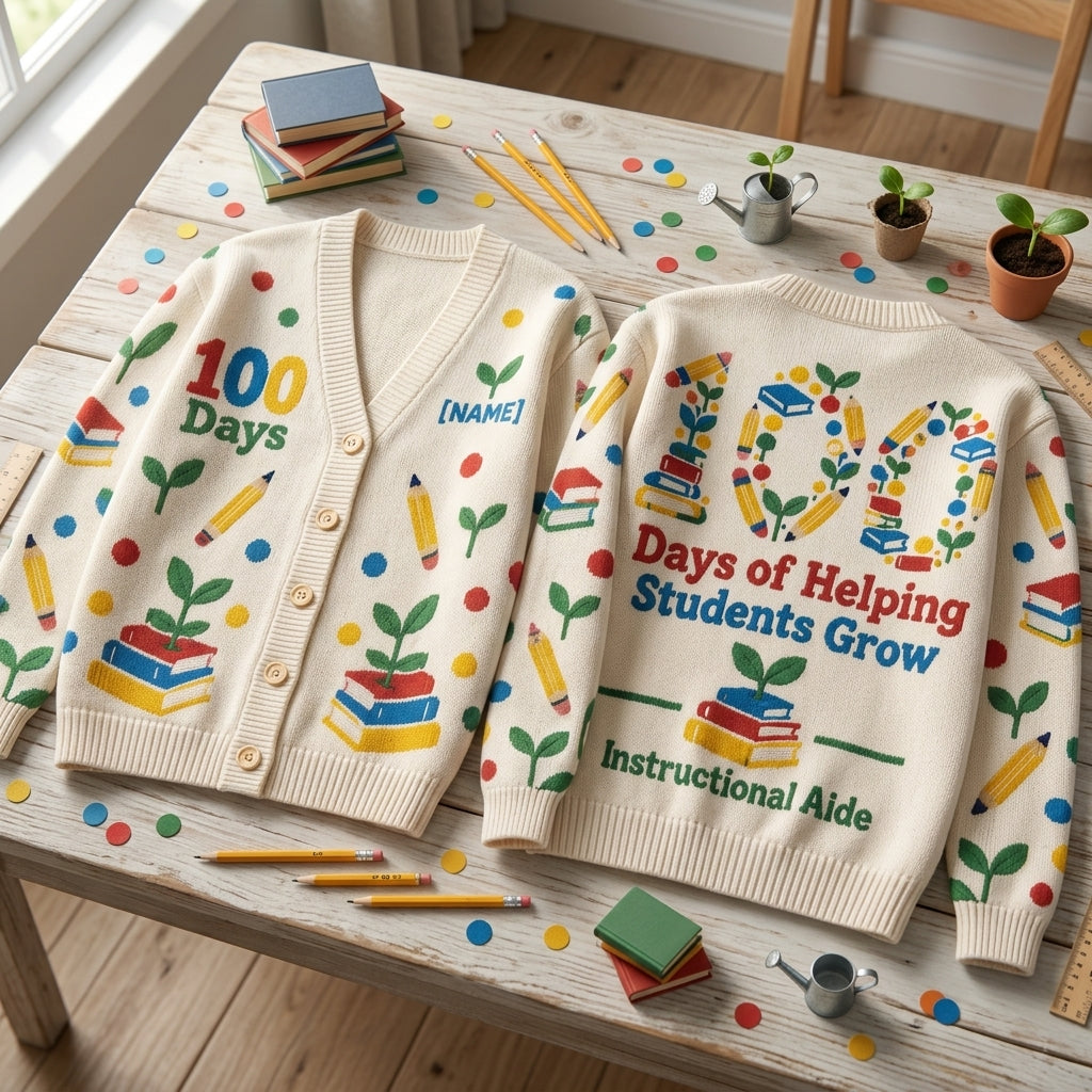 Personalized Instructional Aide 100 Days of School Knitted Cardigan - Paraprofessional Gift - mockup 2