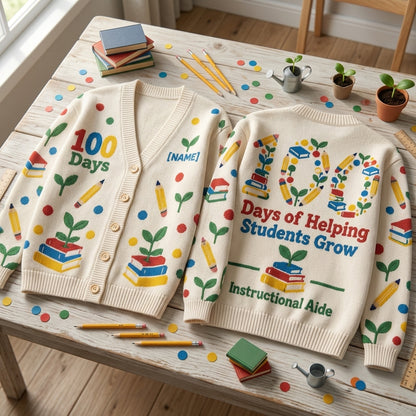 Personalized Instructional Aide 100 Days of School Knitted Cardigan - Paraprofessional Gift - mockup 2