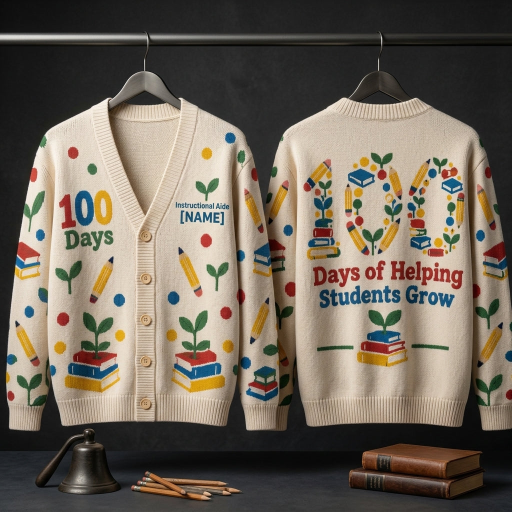 Personalized Instructional Aide 100 Days of School Knitted Cardigan - Paraprofessional Gift - mockup 3