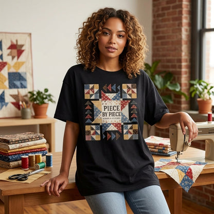 Piece By Piece Quilt Block T-shirt Sweatshirt Hoodie – Vintage Sewing Gift for Quilters - mockup 1