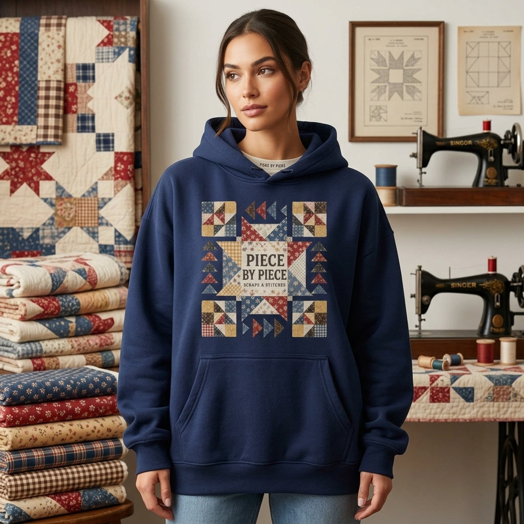 Piece By Piece Quilt Block T-shirt Sweatshirt Hoodie – Vintage Sewing Gift for Quilters - mockup 3