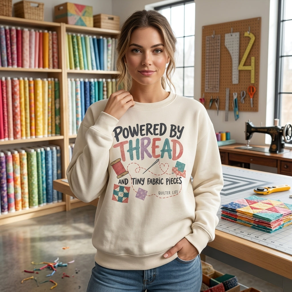 Funny Powered By Thread Quilter Life T-shirt Sweatshirt Hoodie – Sewing Gift - mockup 2