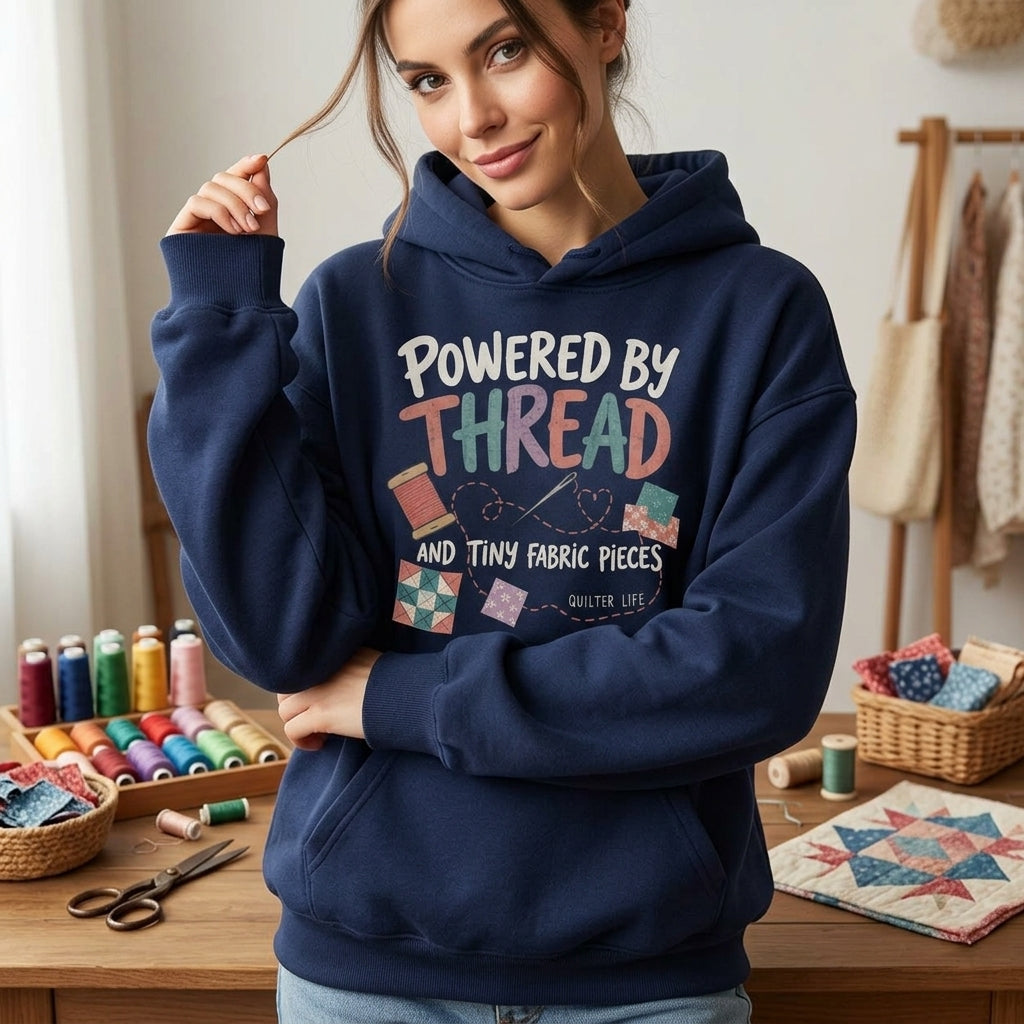 Funny Powered By Thread Quilter Life T-shirt Sweatshirt Hoodie – Sewing Gift - mockup 3