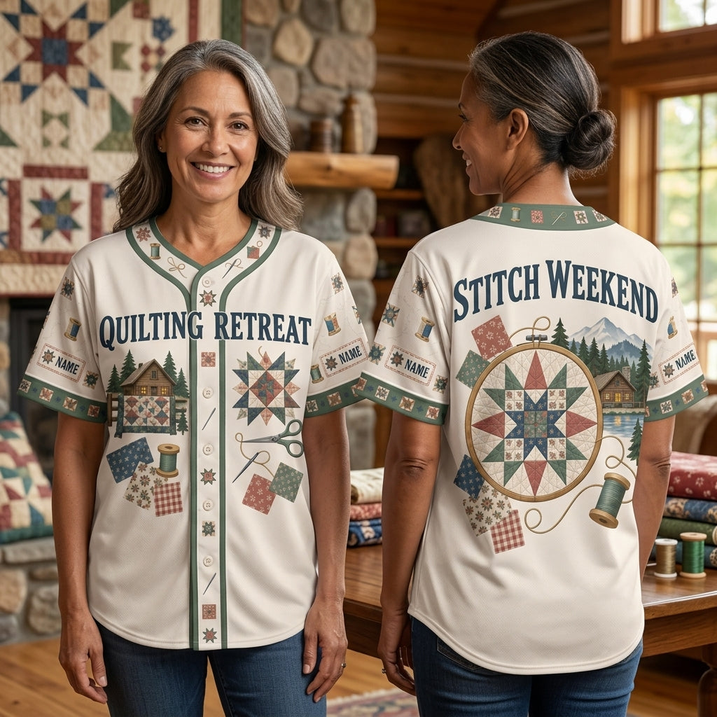 Personalized Quilting Retreat Baseball Jersey - Custom Stitch Weekend Apparel - mockup 1