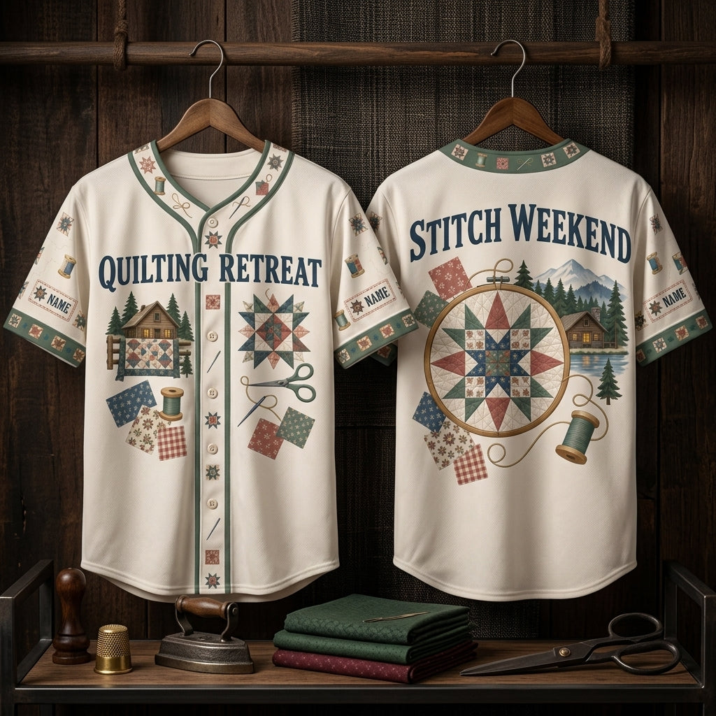 Personalized Quilting Retreat Baseball Jersey - Custom Stitch Weekend Apparel - mockup 3