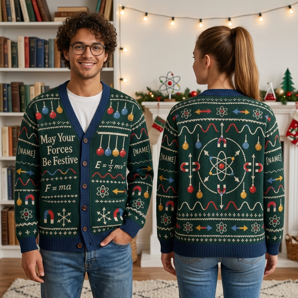 Personalized Physics Teacher Festive Forces Knitted Cardigan – Science Holiday Gift - mockup 1
