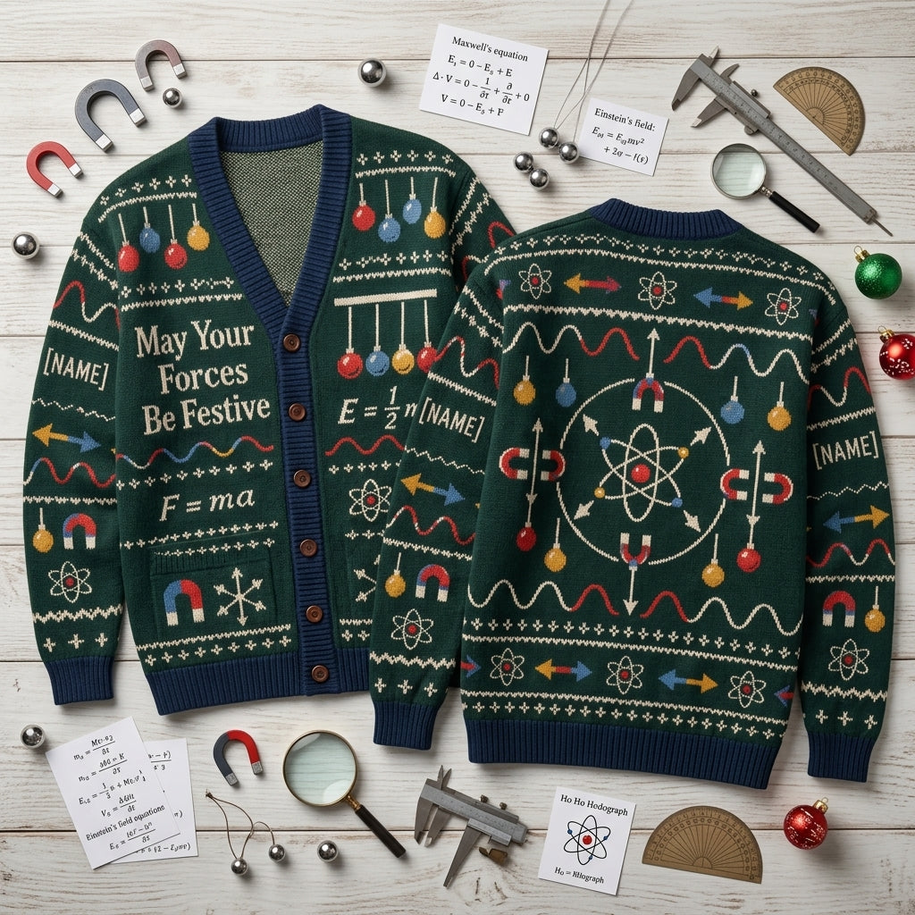 Personalized Physics Teacher Festive Forces Knitted Cardigan – Science Holiday Gift - mockup 2