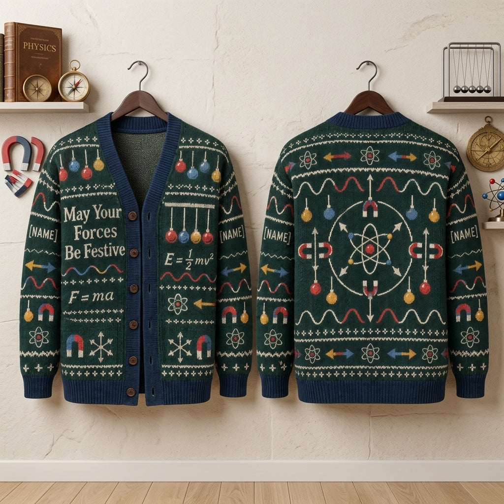 Personalized Physics Teacher Festive Forces Knitted Cardigan – Science Holiday Gift - mockup 3