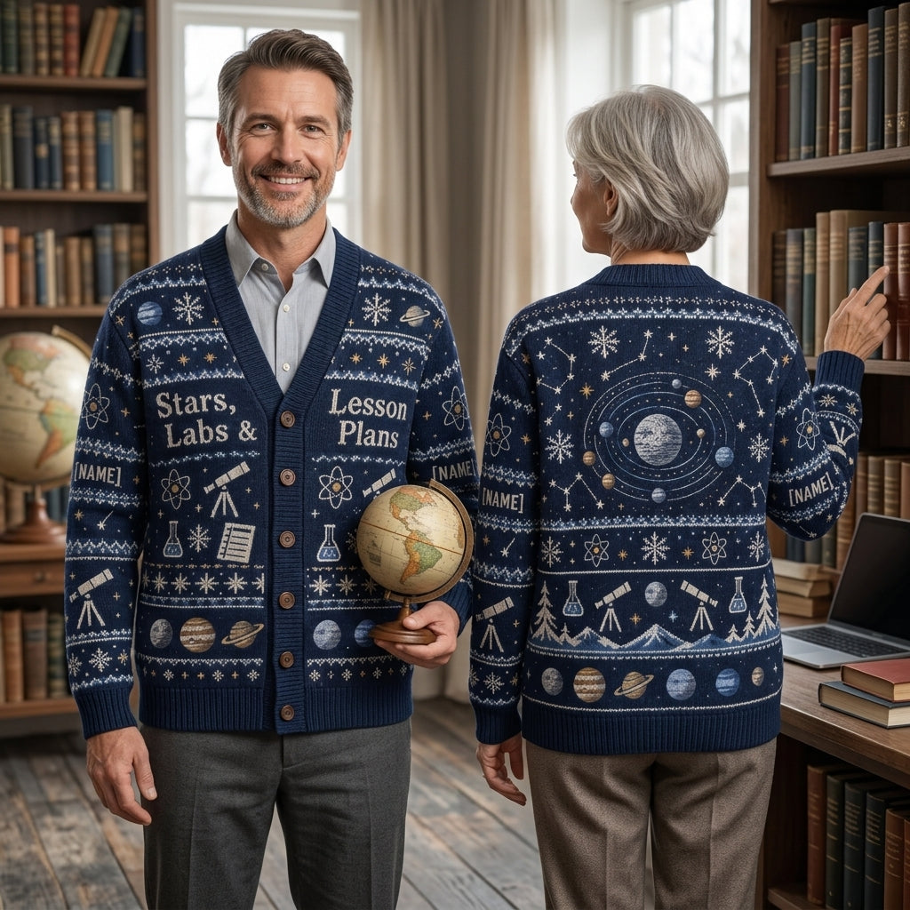 Custom Astronomy Teacher Winter Science Knitted Cardigan - Stars, Labs & Lesson Plans - mockup 1