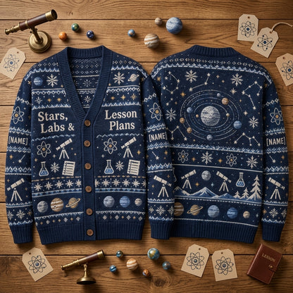 Custom Astronomy Teacher Winter Science Knitted Cardigan - Stars, Labs & Lesson Plans - mockup 2